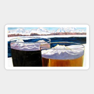 Beer Art Print of Pint Glasses and Alaska Mountains, Alaska Painting, Alaska Beer Gifts, Alaska Beer Wedding Gifts, Anniversary Beer Gifts Sticker